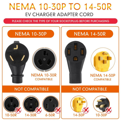 NEMA 10-30P to 14-50R EV Charger Cord with compatibility guide and prohibited plugs, heavy duty design.