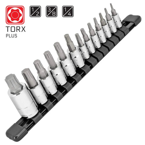Torx Plus 13-Piece Bit Socket Set with 6 Lobe TP-8 IP-8 Through TP-60 IP-60, S2 Steel Bits and CrV Sockets on holder