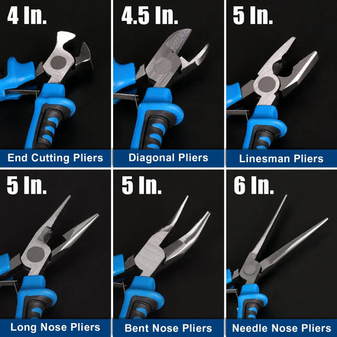 Six Piece Mini Pliers Set With Precision Tools Including Needle Nose Bent Nose Long Nose Diagonal And End Cutting Pliers