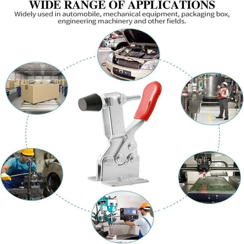 Three Piece Heavy Duty Toggle Clamps With Horizontal Quick Release Locking Self Locking Lever System Delivers Steady Downward Pressure And Consistent Grip A True Workhorse Clamp Set For Woodworking And Metalworking shown with application examples.