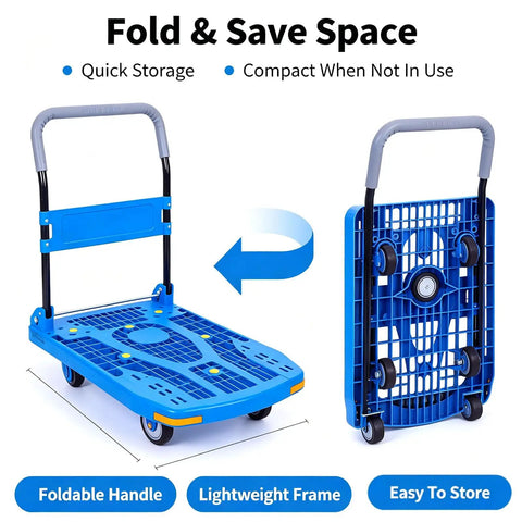 Ultra Lightweight 60x90 Cm Plastic Platform Hand Truck With Silent Swivel Wheels, Workhorse Folding Dolly Cart For Warehouse, Supermarket, Garage, Courier Moving Luggage, Blue folded and open view