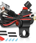 Two LED Light Bars Wiring Harness Kit With Motorcycle Handlebar Switch for 7/8 Inch Handlebars, including relay and connectors.