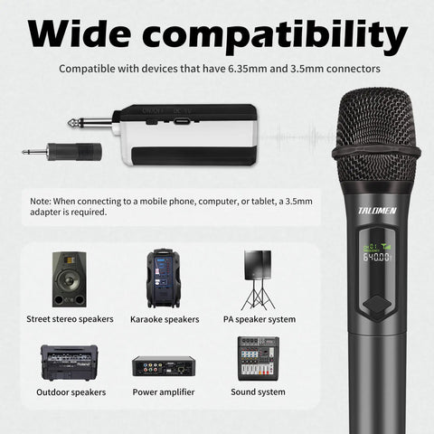 Dual Wireless Microphone System Cordless Handheld Mics With Rechargeable Receiver 2.4GHz Stable Connection Up To 160 Feet Great For Karaoke Singing Weddings DJs Parties Speeches Church Events - product compatibility and microphone close-up