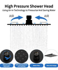 Matte Black 12 Inch Square Rain Shower Head With Adjustable Slide Bar Handheld Sprayer 1.5m Hose Wall Mounted High Pressure 2 In 1 Shower System Must-Have Modern Bathroom Upgrade with air pressure technology and water-saving features.