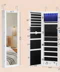 Straight Up Premium Wall Or Door Mounted Jewelry Cabinet With Full Length Mirror Six Auto LED Lights Lockable Vanity Organizer To Keep Your Bling Safe In Fresh White, dimensions displayed.
