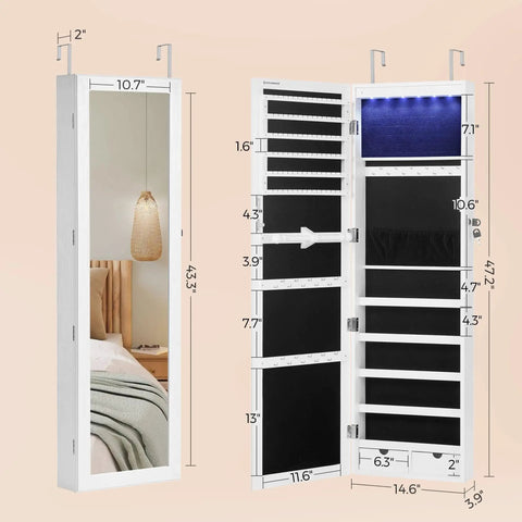 Straight Up Premium Wall Or Door Mounted Jewelry Cabinet With Full Length Mirror Six Auto LED Lights Lockable Vanity Organizer To Keep Your Bling Safe In Fresh White, dimensions displayed.