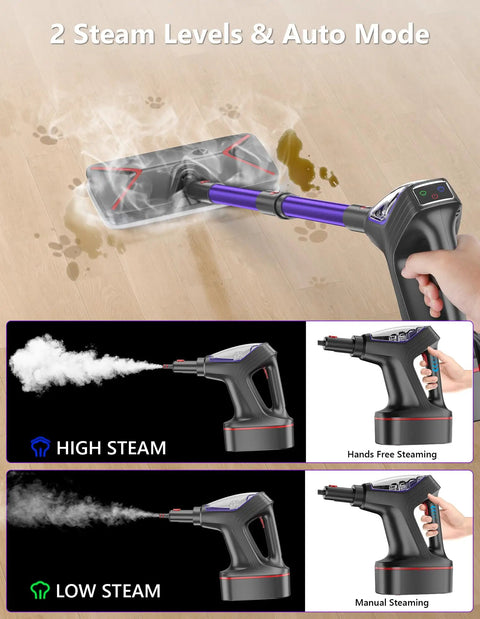 Heavy Duty Steam Mop Cleaner Chemical Free Floor Sanitizer For Hardwood Tile Laminate And Windows Featuring Rapid Heat Up and Smart Temperature Controls in use on a wooden floor.