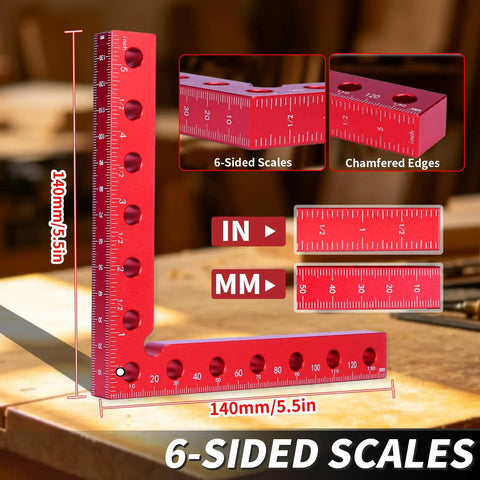 Heavy Duty 4 Pc Aluminum Corner Clamps Perfect For Precise Woodworking Projects With Rust Proof And Durable Construction For Easy Right Angle Jigging 6-sided scales on wood surface.