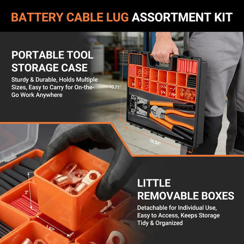 Beefy Battery Terminal End Kit With Heavy Duty Copper Lugs And Ring Terminals 227 Piece Organizer storage case detail.