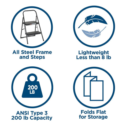 Lightweight Two Step Home Stool For Easy Reaching And Cleaning With Non Marring Feet, Slip Resistant Steps icon features