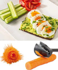Two-piece handheld spiralizer set; orange flower-head blade and black cutter, carrot being spiral-cut.