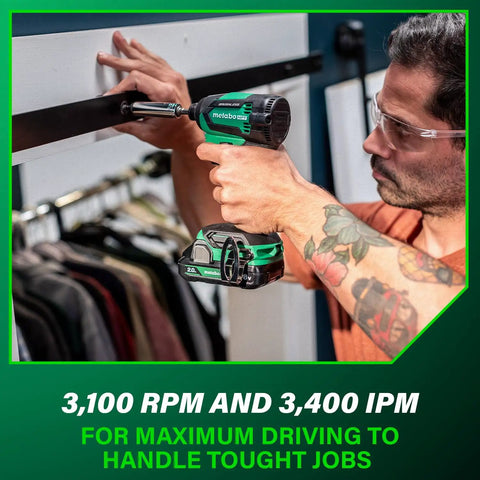 Person using 18V MultiVolt Brushless Impact Driver Kit with 2 Batteries for heavy duty projects in a closet installation