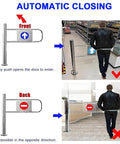 Rock Solid Industrial Heavy Duty Spring Loaded Safety Swing Gate With One Way Revolving Design For High Traffic Retail No Sweat Setup Smooth Automatic Closing Barrier Built Tough, showing auto-closing functionality and direction of use.