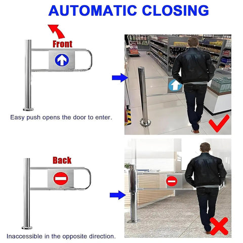 Rock Solid Industrial Heavy Duty Spring Loaded Safety Swing Gate With One Way Revolving Design For High Traffic Retail No Sweat Setup Smooth Automatic Closing Barrier Built Tough, showing auto-closing functionality and direction of use.