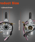 Carburetor With Air Filter And Fuel Valve Petcock For CRF50F XR50R Z50R Z50A Mini Trail Bikes, front and side view dimensions