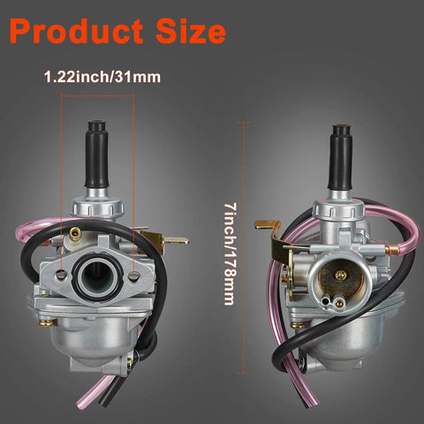 Carburetor With Air Filter And Fuel Valve Petcock For CRF50F XR50R Z50R Z50A Mini Trail Bikes, front and side view dimensions