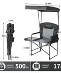 Heavy Duty Folding Camp Chair With Adjustable Canopy And Side Table, 24in wide, 500 lbs capacity, portable and foldable.