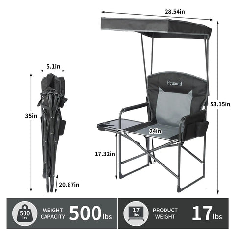 Heavy Duty Folding Camp Chair With Adjustable Canopy And Side Table, 24in wide, 500 lbs capacity, portable and foldable.