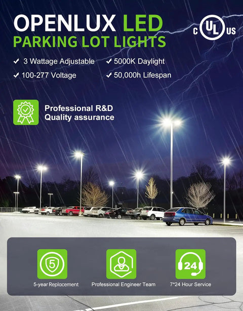 UL Listed LED Parking Lot Light 150W With Photocell And 22500 Lumens illuminating a parking lot at night