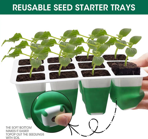 Reusable Self Watering Seed Starter Tray With Grow Light 60-Cell 5-Pack held with seedlings in silicone tray for indoor planting