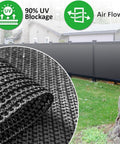 Privacy Screen Fence Netting 8 Feet By 50 Feet Black Heavy Duty Mesh Shade Cover for outdoor use showing material and installation.