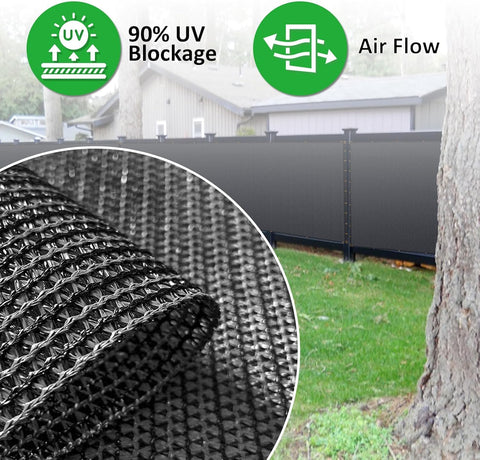 Privacy Screen Fence Netting 8 Feet By 50 Feet Black Heavy Duty Mesh Shade Cover for outdoor use showing material and installation.