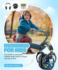 Child wearing Kids Noise Canceling Ear Muffs For Autism Sensory Relief with cool design outdoors.