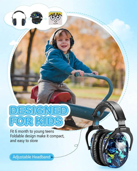 Child wearing Kids Noise Canceling Ear Muffs For Autism Sensory Relief with cool design outdoors.