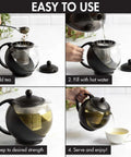 Half Moon Glass Teapot With Removable Infuser And Fine Mesh Stainless Steel Filter Dishwasher Safe 40 Ounce Black Tea Maker in use
