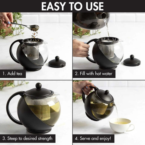 Half Moon Glass Teapot With Removable Infuser And Fine Mesh Stainless Steel Filter Dishwasher Safe 40 Ounce Black Tea Maker in use