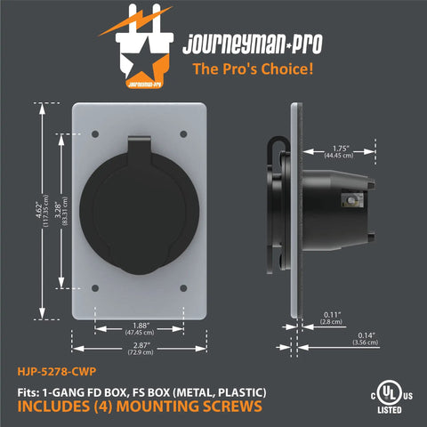 Side and front view of Male NEMA 5 15P Power Inlet Flanged Receptacle 15 Amp 125V Waterproof Outdoor Shore Power Inlet