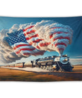 American Steam Train Tapestry With Dope Star Spangled Smoke And Flag Design Locomotive Wall Hanging 40x30 Inches