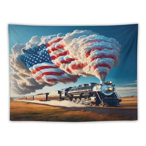 American Steam Train Tapestry With Dope Star Spangled Smoke And Flag Design Locomotive Wall Hanging 40x30 Inches