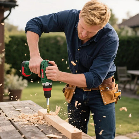 Person using drill on wood outdoors with sawdust flying