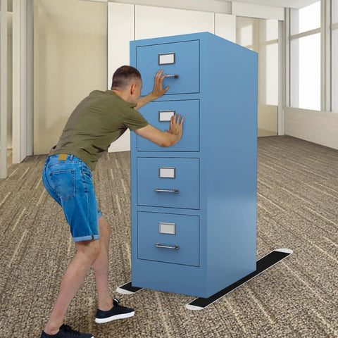 Person moving a tall blue filing cabinet using Two Pack Large Furniture Sliders With Pull Straps For Easy Move Heavy Duty Appliance Sliders.