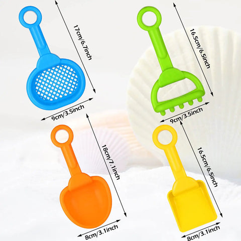 Four colorful beach tools from the Eight Piece Kid Friendly Beach Sand Shovel Set With Colorful Plastic Rakes And Sifters For Summer Play.