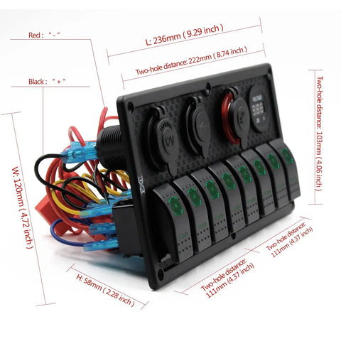Beefy Eight Gang Waterproof Marine Rocker Switch Panel With Dual USB Ports And Cigarette Lighter Digital Voltage Display