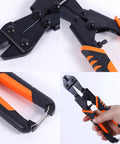 Heavy Duty Mini Bolt Cutter With Grippy Soft Anti Slip Handle Cuts Through Wires And Cables Up To Two Point Five Millimeters showing compact design and cutting edges.