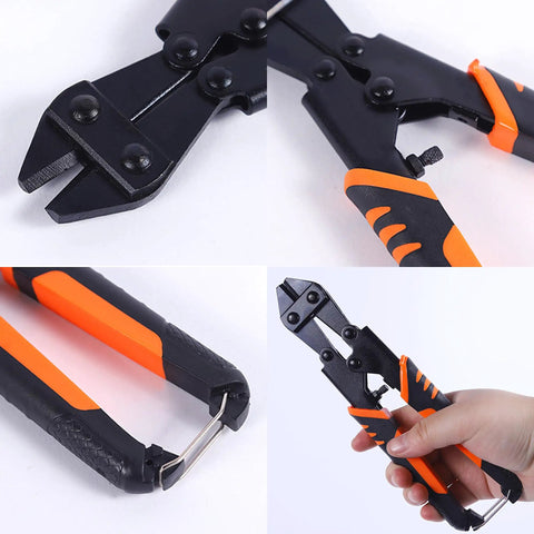 Heavy Duty Mini Bolt Cutter With Grippy Soft Anti Slip Handle Cuts Through Wires And Cables Up To Two Point Five Millimeters showing compact design and cutting edges.