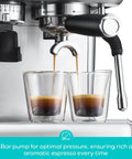Daily Grind Premium Stainless Steel Espresso Machine With Reliable Built In Grinder And Manual Steam Wand For Killer Lattes And Effortless Morning Rituals At Home brewing espresso into two glass cups.