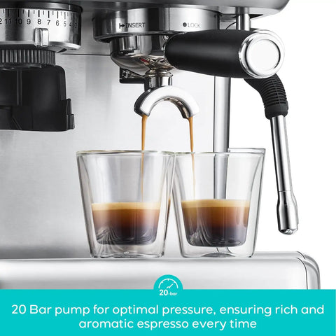 Daily Grind Premium Stainless Steel Espresso Machine With Reliable Built In Grinder And Manual Steam Wand For Killer Lattes And Effortless Morning Rituals At Home brewing espresso into two glass cups.