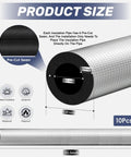 Illustration showing product size and features of All Weather Self Adhesive Pipe Insulation Tubes 36 Inch Long Outdoor Foam Water Pipe Insulation Kit With Heat Reflective Aluminum Layer Flame Resistant Weatherproof Freeze Protection For Exterior Piping 10 Pieces.