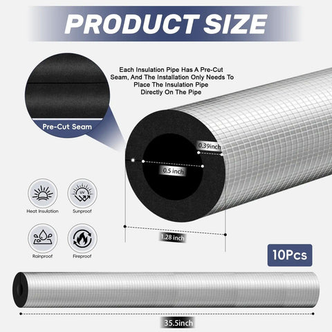 Illustration showing product size and features of All Weather Self Adhesive Pipe Insulation Tubes 36 Inch Long Outdoor Foam Water Pipe Insulation Kit With Heat Reflective Aluminum Layer Flame Resistant Weatherproof Freeze Protection For Exterior Piping 10 Pieces.