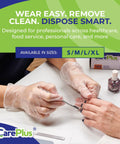 CarePlus latex-free vinyl gloves, clear, large size, 100-count; hands shown performing manicure