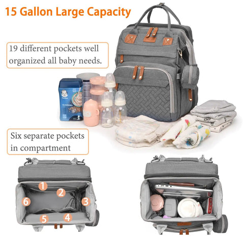 Waterproof Diaper Backpack With Changing Station And USB Charging Port For Moms And Dads Large Capacity Gray, open compartments