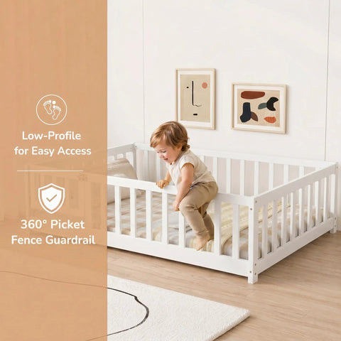 White Full Rubber Wood Floor Bed With Safety Guardrails And Fence Door in room with child climbing out