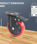 Front view of a 5-inch polyurethane caster wheel with brake, four-hole mounting plate, red wheel on black frame.