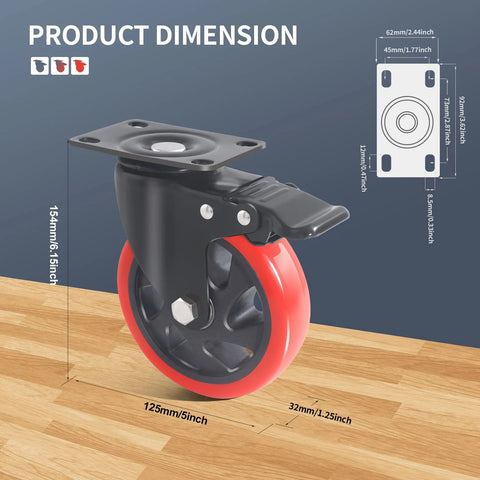 Front view of a 5-inch polyurethane caster wheel with brake, four-hole mounting plate, red wheel on black frame.