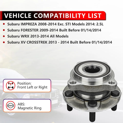 Front Wheel Hub And Bearing Assembly Pair 513303 For Subaru Impreza 2008 2009 2010 2011 2012 2013 2014 Forester 2009 2010 2011 2012 2013 2014 WRX 2013 2014 XV Crosstrek 2013 2014 Replacement Kit Plug And Play Easy Install image showing front view with ABS ring