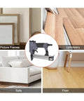 Smooth Operator Pneumatic Brad Nailer For Wood Framing And Fine Craftsmanship With 100 Shot Capacity displayed with picture frames, upholstery, sofa, and floor.
